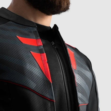 KURTKA MOTOCYKLOWA SKÓRZANA REBELHORN VANDAL 2 BLACK GREY FLUO RED 46