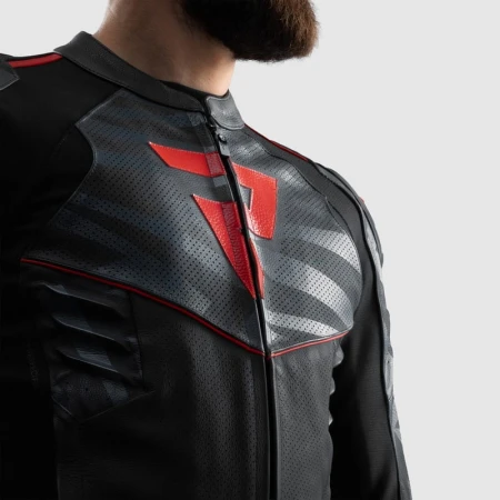 KURTKA MOTOCYKLOWA SKÓRZANA REBELHORN VANDAL 2 BLACK GREY FLUO RED 46