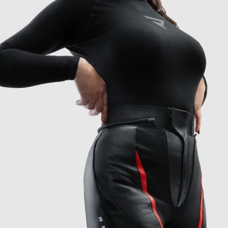 SPODNIE MOTOCYKLOWE SKÓRZANE DAMSKIE REBELHORN DIVA BLACK RED W36